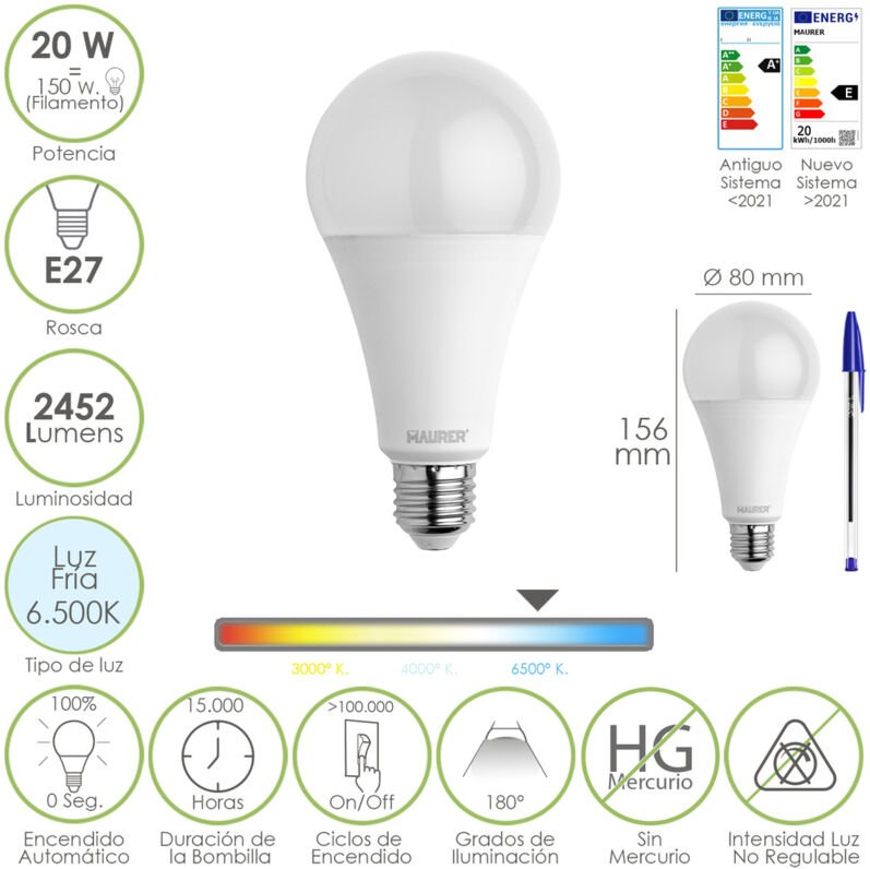 Bombilla Led Estandar Rosca E27. 20 Watt. Equivale a 150 Watt. 2452 Lumenes. Luz Fria (6500º k.)