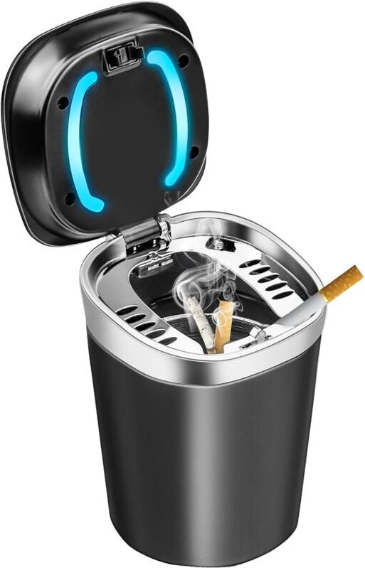 Auto Aschenbecher, Tragbare Edelstahl Aschenbecher Auto mit LED Licht und Deckel für Auto Haus Büro