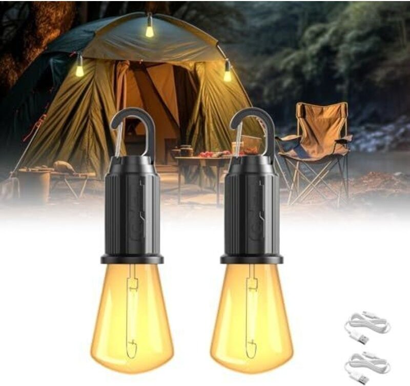 LED Campinglampe Aufladbar, Tragbare Camping Licht Glühbirne 2 Stück mit 3 Helligkeitsmodi, IP65 Wasserdicht, Wiederaufl...