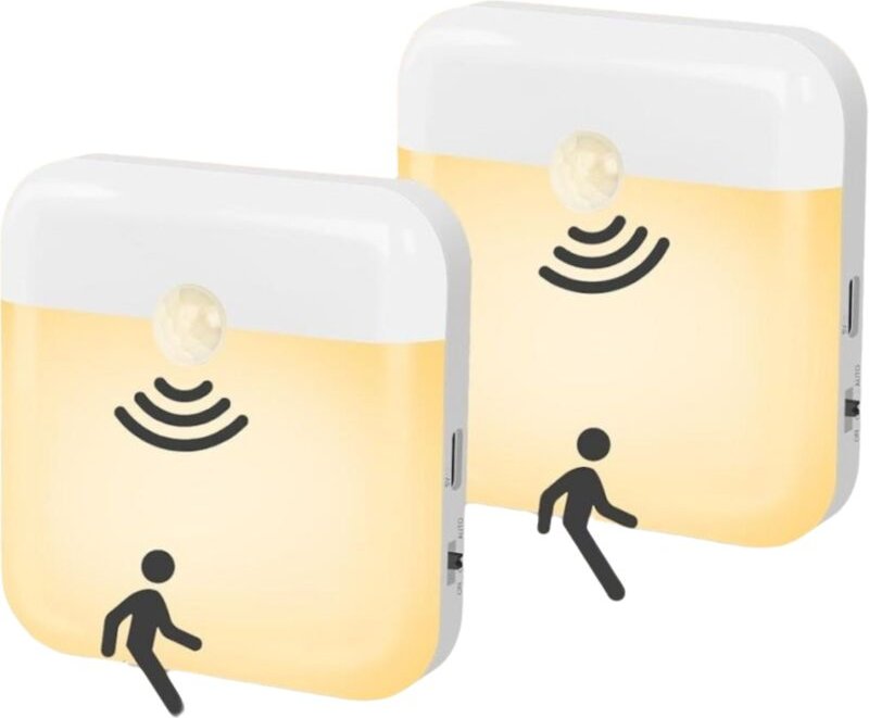 Bewegungsmelder-Nachtlichter – 2er-Pack – Wiederaufladbare LED-Nachtlichter mit USB-C-Anschluss – Warmweißes Licht – Aut...
