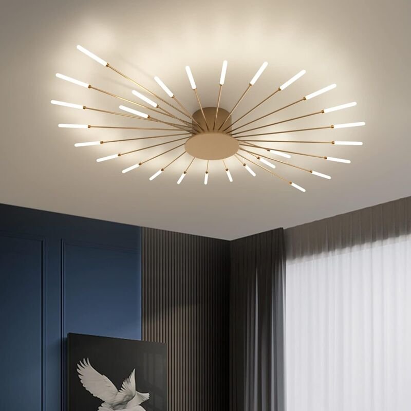Thumbnail - Comely - Moderne LED-Deckenleuchte, 28 Köpfe, goldfarbene Deckenleuchte, bündig montiert, Acryl-Lampenschirm, Kronleucht...