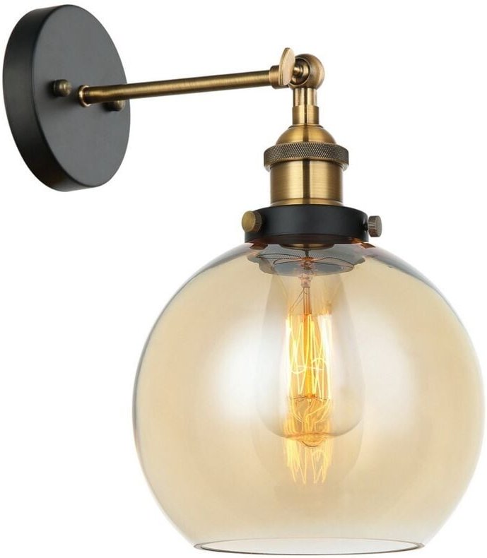 Cardena - Industrie- und Retro-Wandleuchte Schwarz, Gold 1 Licht mit Bernsteinschirm, E27 Dimmbar - Italux