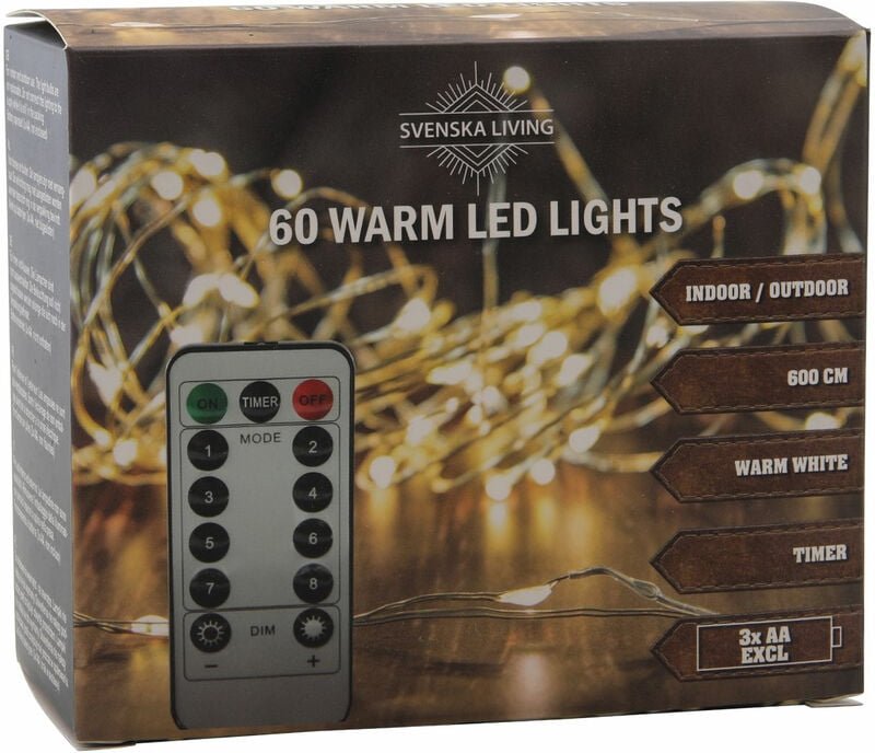 HIT - Außen Draht Lichterkette warm weiß - 60 led / 600 cm - Leuchtdraht mit Timer und Dimmer Funktion Fernbedienung Bat...