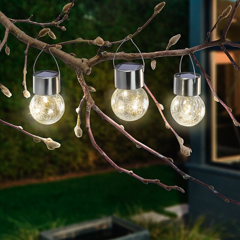 Esotec - Solar Hängeleuchten 3er-Set Crackle Balls warmweiß wetterfest IP44 102309