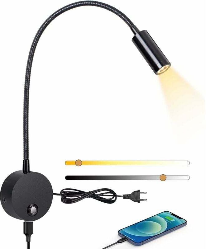 Wandmontierte Leselampe, LED-Nachttischlampe mit dimmbarem Berührungsschalter und USB-Ladeanschluss, 360° drehbares 3-W-...