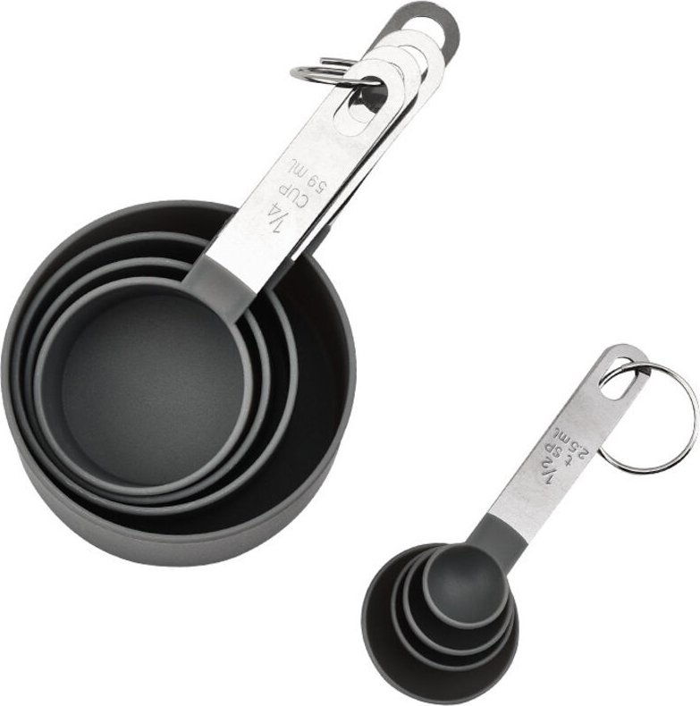 Messbecher und Messlöffel aus Kunststoff – 8-teiliges Set – Becher und Löffel – grau