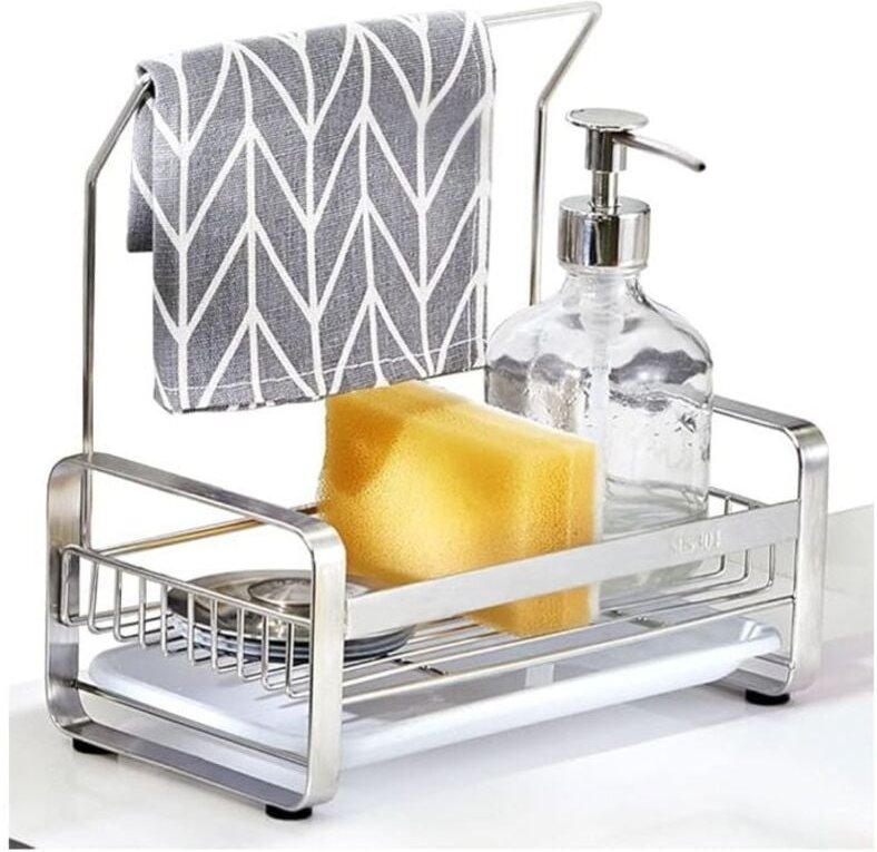 Spülbecken-Organizer – Schwammhalter aus Edelstahl mit Handtuchstange, abnehmbare Platte zur Aufbewahrung von Spülbürste...