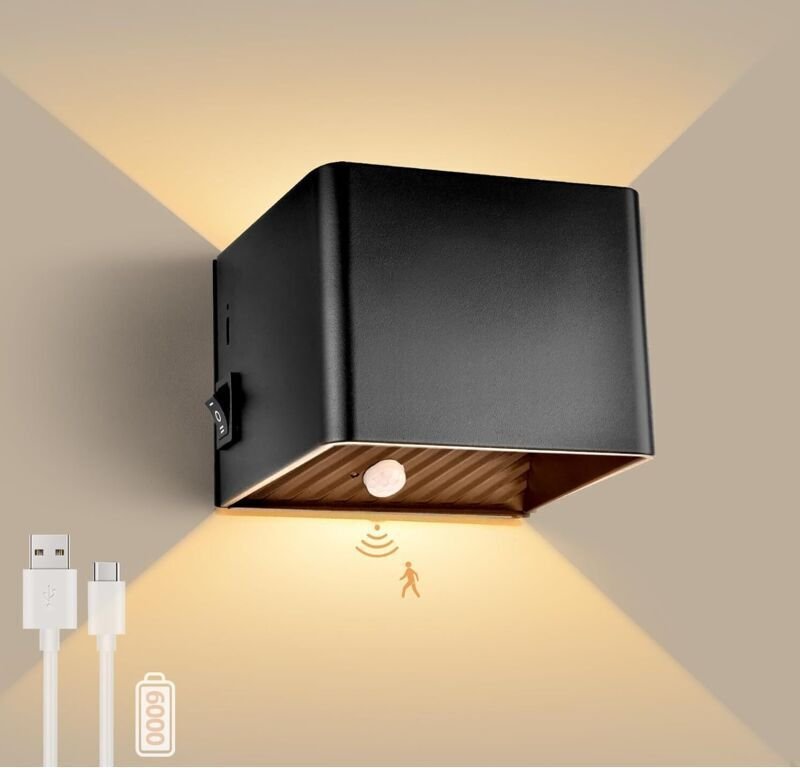 Batteriebetriebene Wandleuchte mit Bewegungsmelder, 5 W, kein Netzteil erforderlich, USB-aufladbare Wandleuchte, 3000 K,...