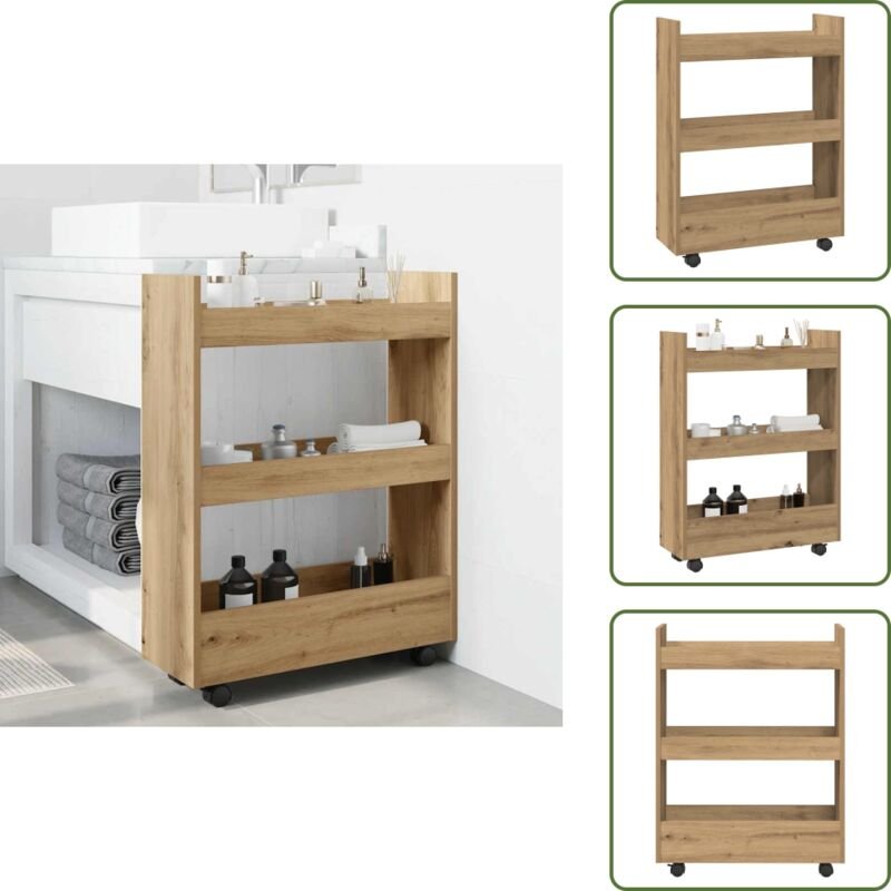 Holzwerkstoff - vidaXL Aufbewahrungswagen Schmal 3 Etagen Artisan-Eiche Holzwerkstoff - Schrank für Küche