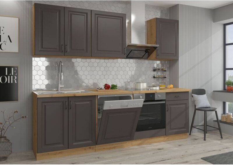 Küchen Preisbombe - Küche Stilo Grau + Eiche Artisan 250 cm Küchenzeile Küchenblock Einbauküche