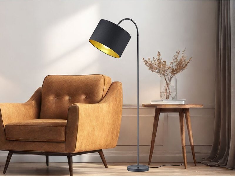 Defibrico - Stehleuchte hostel mit Flexgelenk und textil Lampenschirm in Schwarz/Gold, 156cm