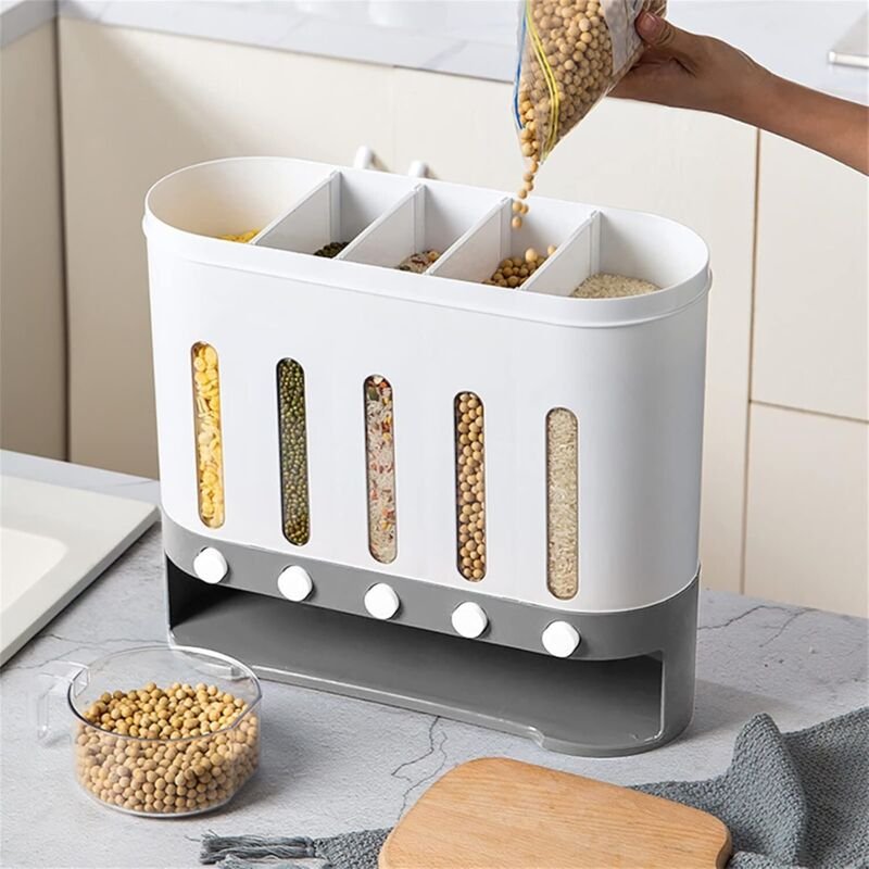 Cerealienspender Müslispender Küchen Organizer mit 5 Fächern, Cornflakesspender Lebensmittelspender BPA-frei, Doppel-Spe...