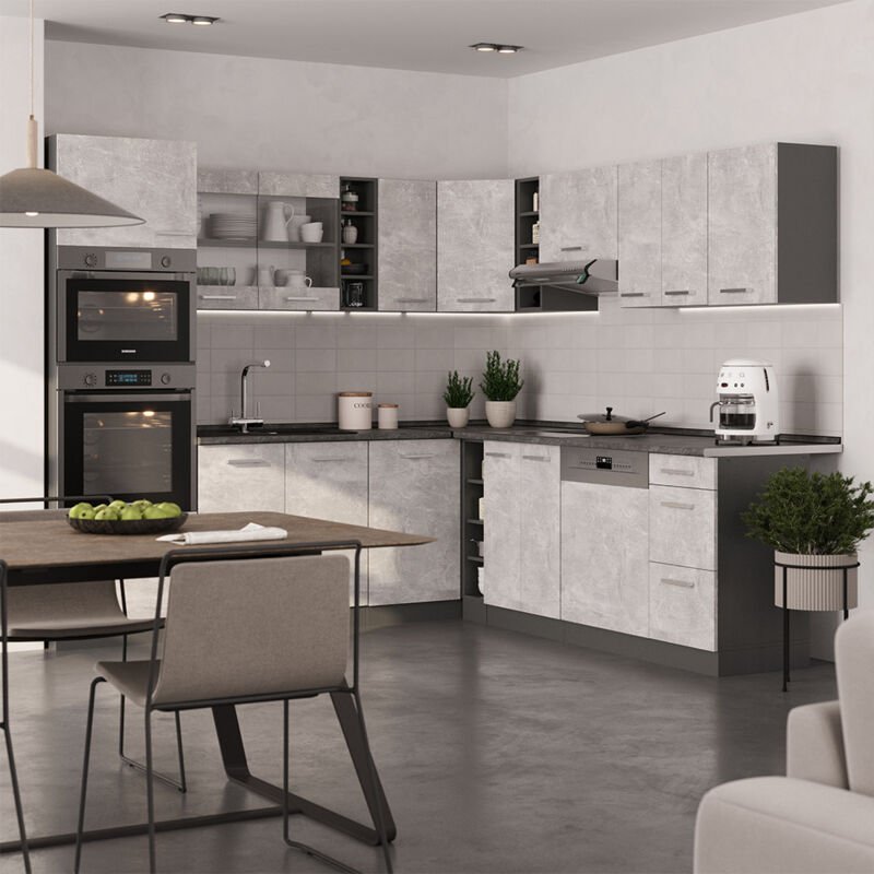 Eckküche R-Line, Beton/Anthrazit, 237 x 60 cm ohne Arbeitsplatte, Vicco