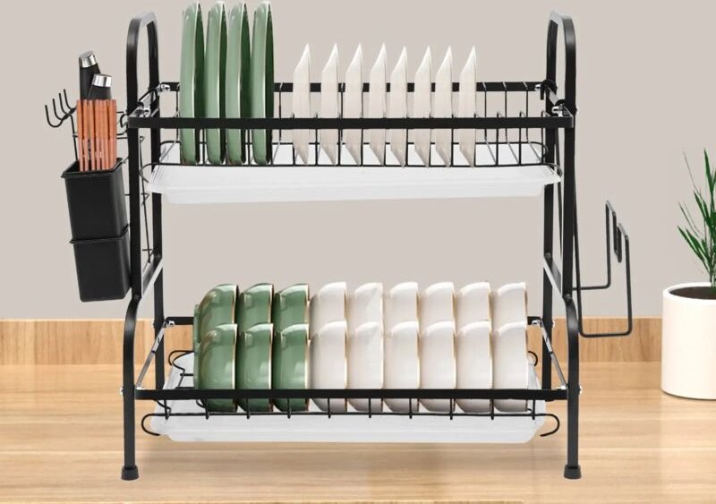 Abtropfgestell für die Spüle mit zwei Abtropfschalen, doppelwandiges Abtropfgestell aus Kohlenstoffstahl