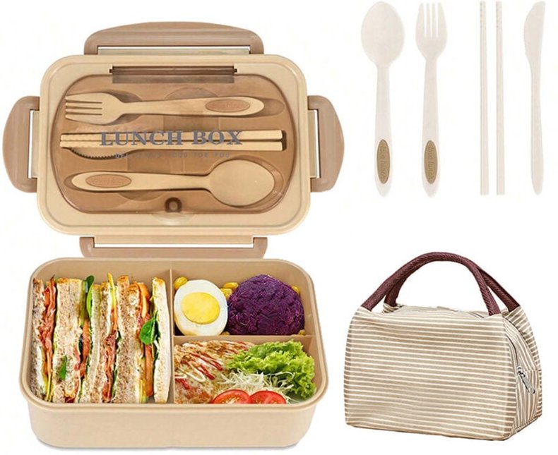 Lunchbox, Bento-Lunchbox für Kinder und Erwachsene, 1400 ml mit 3 Fächern, auslaufsicheres Design mit Besteck, mikrowell...