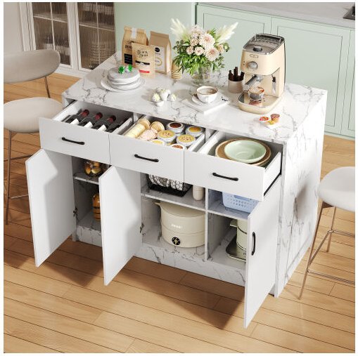 Küchentisch 120x60x90,5 cm mit 3 leisen Schubladen, 3 Türen, verstellbaren Einlegeböden, weißes Marmordesign