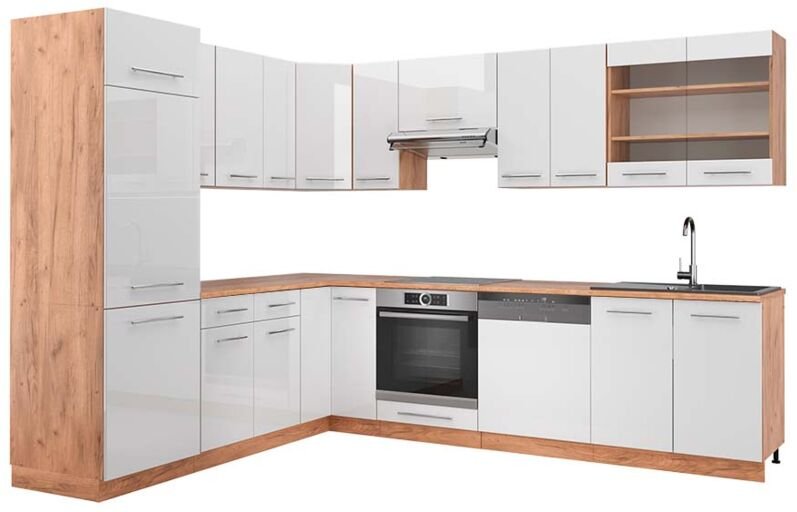 Vicco - Eckküche Fame-Line, Weiß Hochglanz/Goldkraft Eiche, 227 x 287 cm , ap Eiche