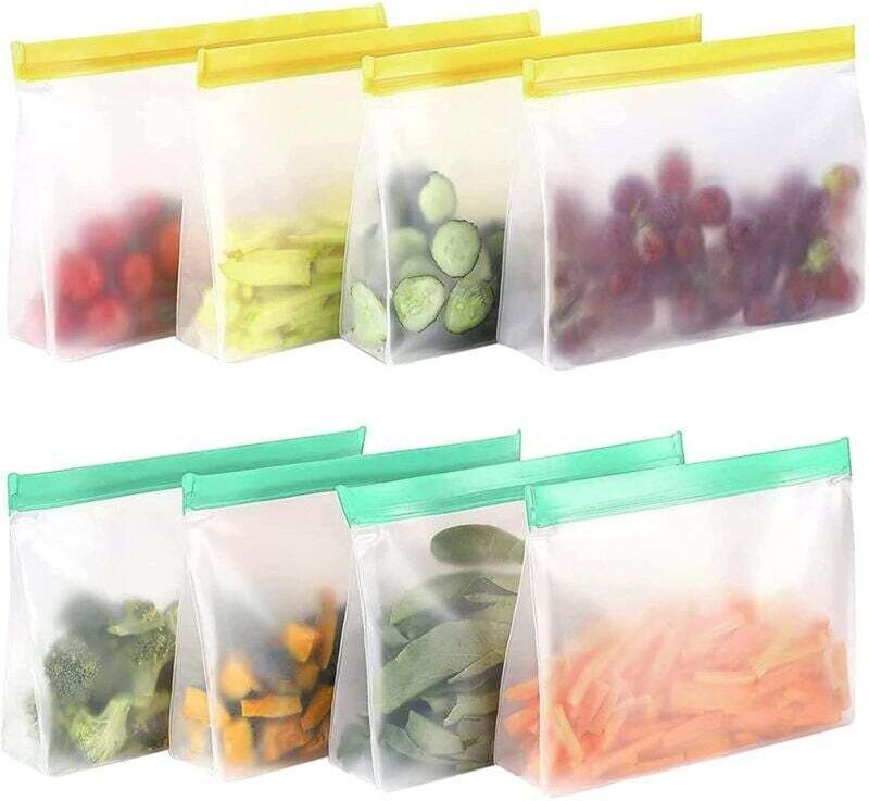 Set mit 8 wiederverwendbaren Silikonbeuteln mit Reißverschluss und Halterung für Lebensmittel, zum Einfrieren, für Sandw...