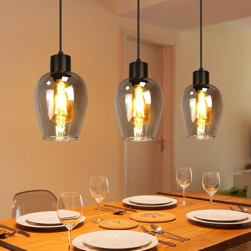 GBLY Hängelampe Schwarz Pendelleuchte 3 Flammig Vintage E27 Rauchglas Für Esszimmer Hotel Treppe Wohnzimmer Ohne Lichtqu...