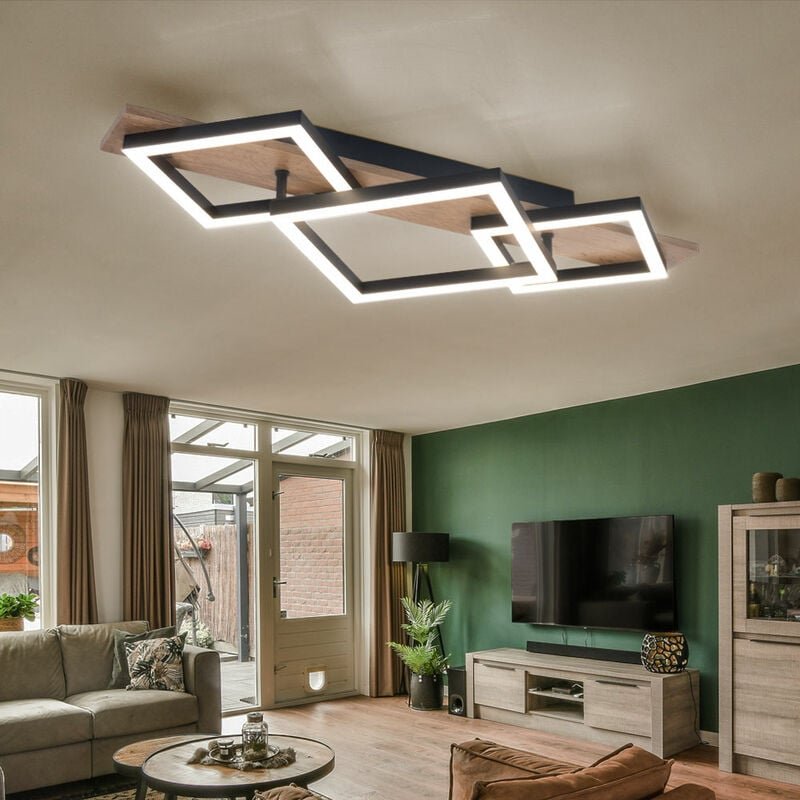 Thumbnail - Led Deckenlampe Wohnzimmerlampe Deckenleuchte Esszimmerleuchte Küchenlampe, Metall Kunststoff Holzoptik schwarz, 24W 140...