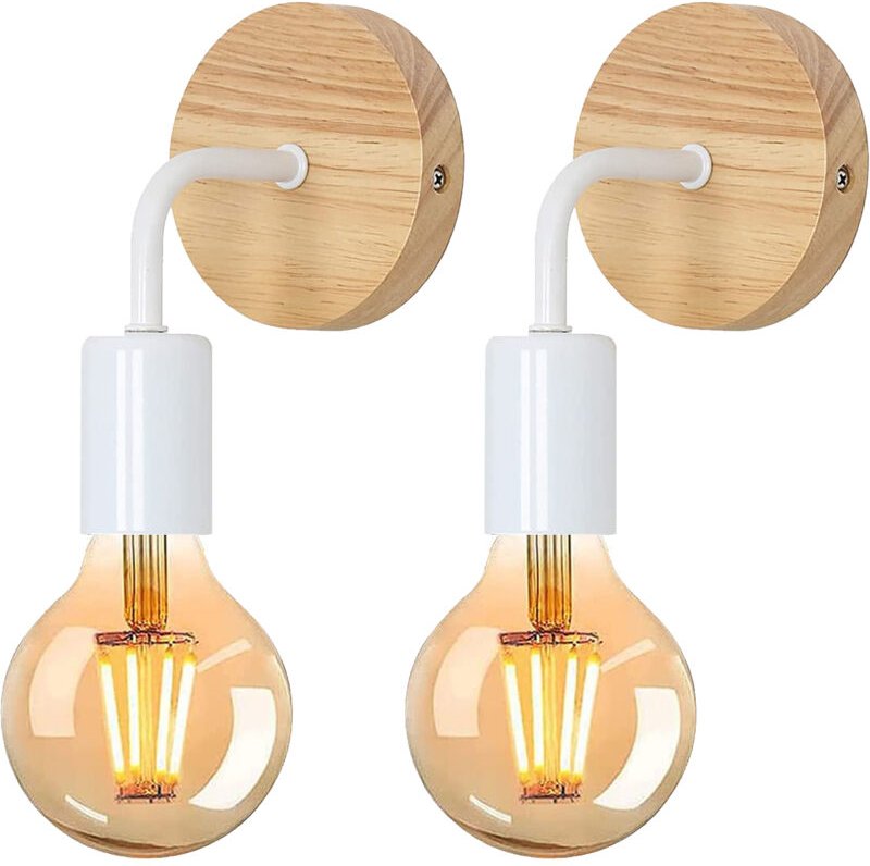 Wandlampe E27 Holz, 2er Wandleuchte Weiß Industrial, Metal Modern Innen für Schlafzimmer Bett Wohnzimmer Flur Treppen - ...