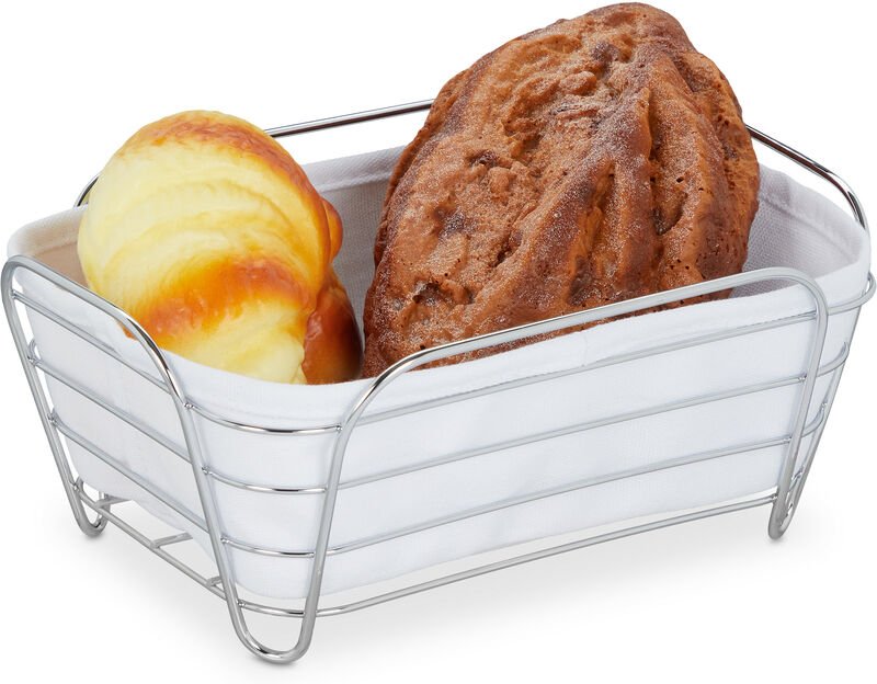 Thumbnail - Brotkorb Metall mit Stoffeinsatz, eckig, Frühstückskorb für Brot & Brötchen, hbt: 10 x 23,5 x 17 cm, weiß - Relaxdays