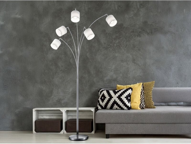 Stehleuchte tommy 5 flammig Metall Silber Stoffschirm in Weiß, Höhe 200cm