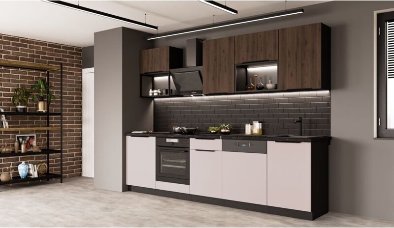 Küchen Preisbombe - Küche arona + monza basic loft 280 cm Küchenzeile Küchenblock Einbauküche Kaschmir beige matt + Nußb...