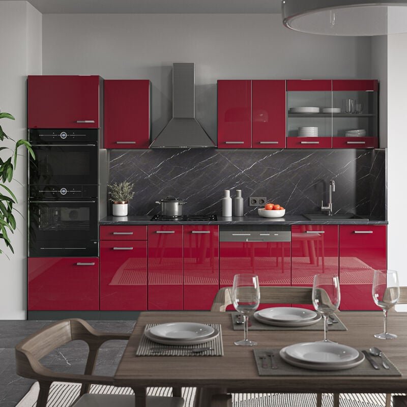 Vicco - Küchenzeile R-Line, Bordeaux Hochglanz/Anthrazit, 300 cm mit Hochschrank, ohne Arbeitsplatte