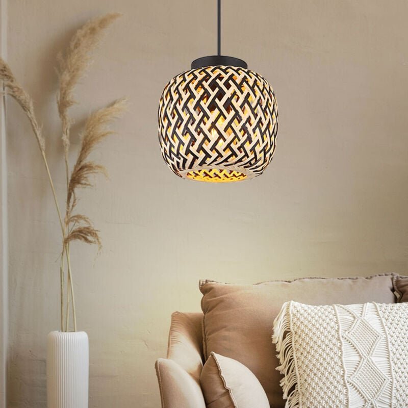 Hängelampe Hängeleuchte Pendelleuchte Esstischlampe, Höhenverstellbar Bambus Natur Metall schwarz Bohostil, 1x E27 Fassu...
