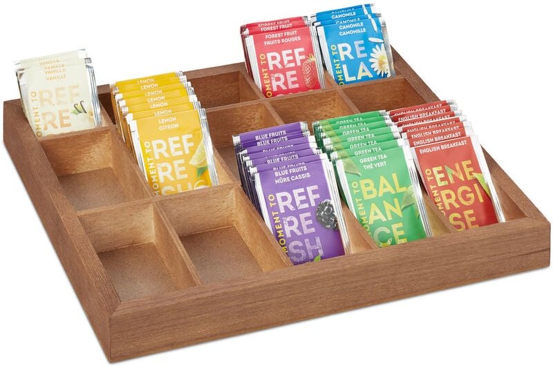 Relaxdays Sortierbox Holz, 15 Fächer, HxBxT: 3,5x32x26 cm, Aufbewahrungsbox für Tee, Perlen u. Nähzubehör, offen, natur