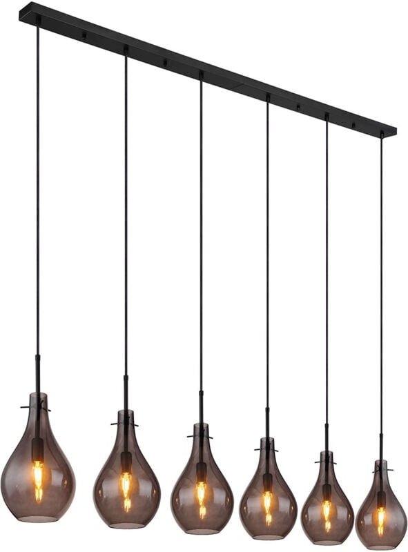 Hängeleuchte Rauchglas Pendelleuchte 6-Flammig Glas Esszimmerlampe hängend, Metall, 6x E14 Fassung, LxBxH 140x18x120 cm