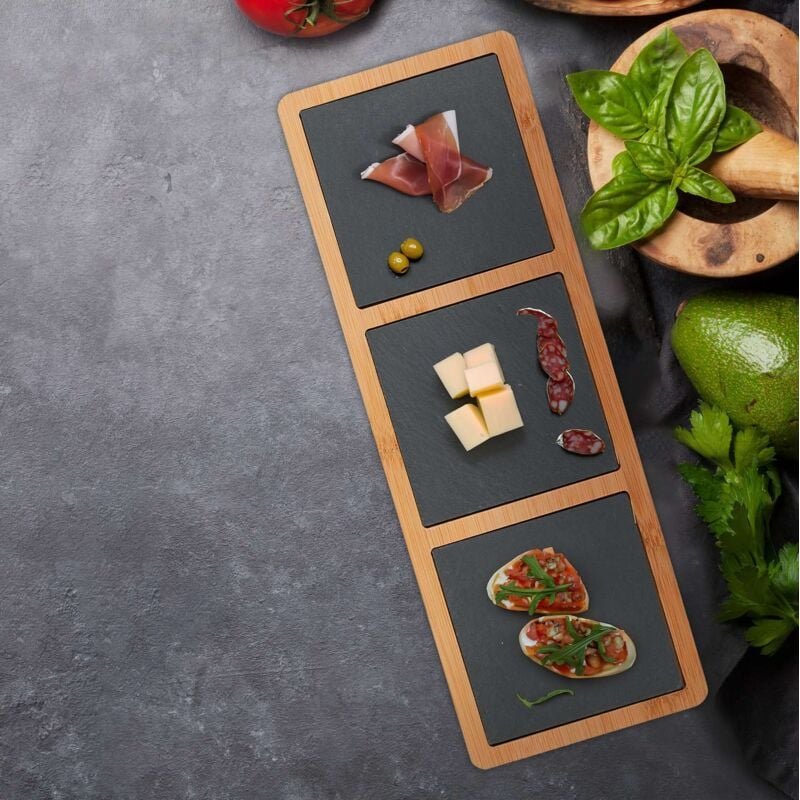 Servierbrett fur vorspeisen aus schiefer und bambus 3 teilig