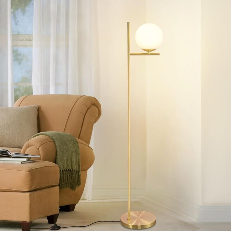 Thumbnail - Stehlampe Wohnzimmer Modern Standleuchte - Gold Industrial Stehleuchte mit Fußschalter Metall Design aus Weiß Glas Stand...