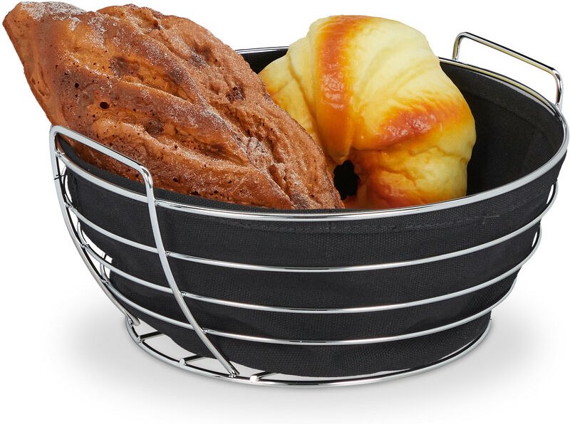 Relaxdays Brotkorb Metall, mit entnehmbarem Stoffeinsatz, rund, Frühstückskorb für Brot & Brötchen, Ø 23 cm, schwarz