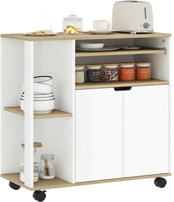 Küchenwagen Servierwagen mit Schrank, verschiebbaren und verstellbaren Einlegeböden, Rollwagen Küchenregal mit Arbeitspl...