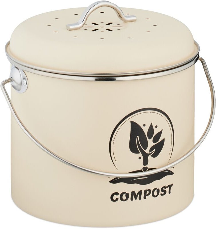 Relaxdays - Komposteimer Küche, 3,5 Liter, 2 Aktivkohlefilter, mit Deckel, Henkel, Eisen, runder Biomüllbehälter, creme