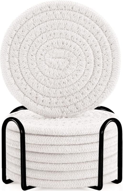 Rundes Untersetzer-Set aus weißer Baumwolle im Bohemian-Stil für den Esstisch, dickes Isolierpad, runde Teematte (mit Ha...