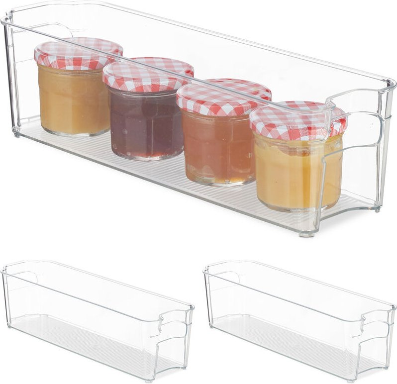 3 x Kühlschrank Organizer, schmaler Küchen Organizer mit Griffen, für Lebensmittel, 10 x 11 x 37,5 cm, transparent