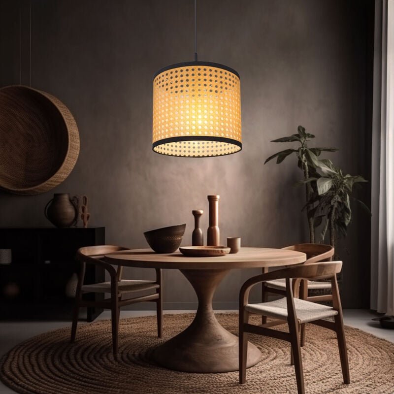 Hängeleuchte Bambusoptik Esszimmerleuchte natur Pendelleuchte Wohnzimmer, schwarz Metall Kunststoff, 1x E27 Fassung, DxH...