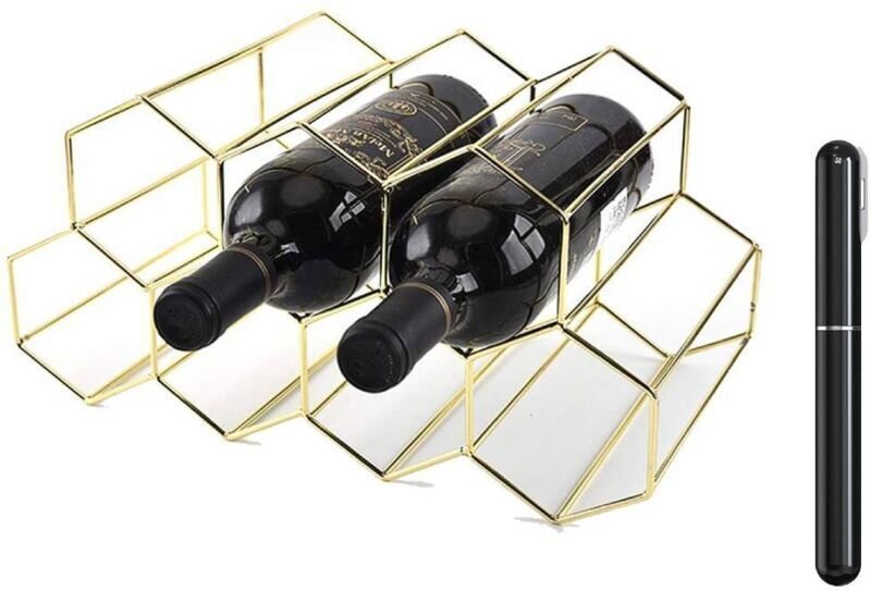 Weinregal aus Metall für 9 Flaschen mit Korkenzieher, freistehendes Weinflaschenregal, geometrisches Design, Weinflasche...