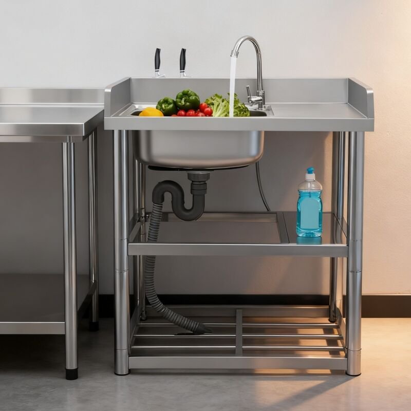 Edelstahl-Einzelspülbecken, Handwaschstation mit Einzelbecken mit Wasserhahn