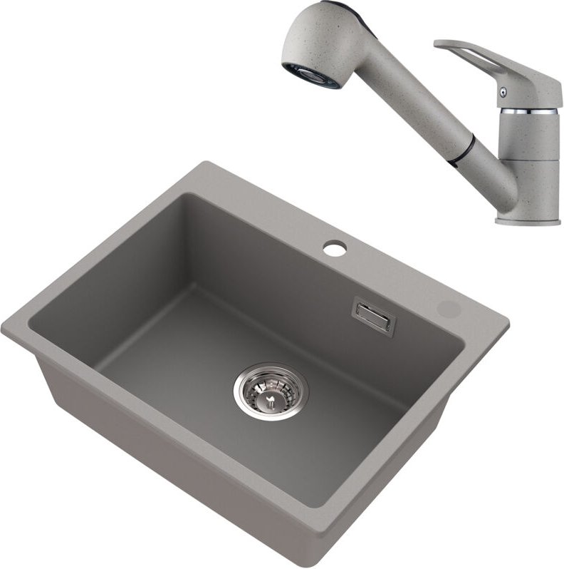 Granit Küchenspüle mit ausziehbare Küchenarmatur, Grau Spülbecken Einbauspüle 55 x 45 cm, für ab 60 cm Unterschrank - Au...