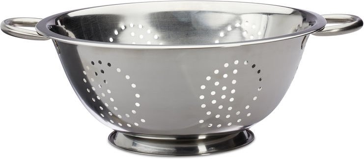 Relaxdays - Küchensieb Edelstahl, Seiher mit Griffen, runder Standfuß, Abtropfsieb, Salatsieb, Nudeln, 28 cm ø, silber