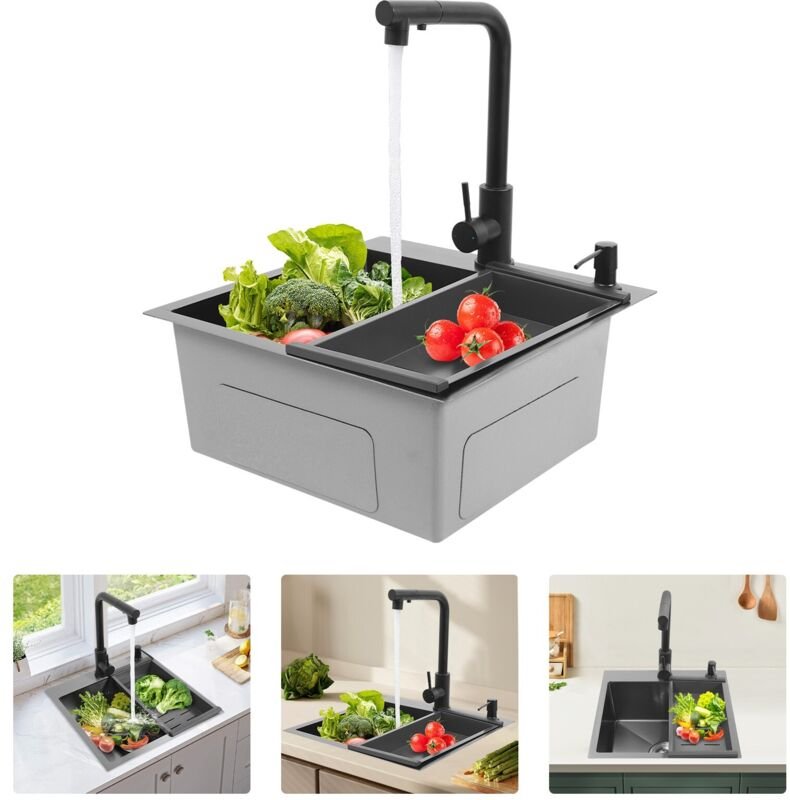 Küchenspüle, schwarz, 45 x 45 cm, Edelstahlspüle, anthrazit, Einzelbecken, Einbauspüle mit Wasserhahn, Edelstahl-Küchens...