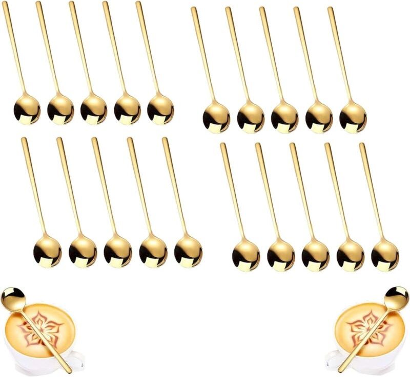 20er-Set runder Teelöffel aus goldfarbenem Edelstahl (13 x 3 cm) - Kaffeelöffel und Espressolöffel aus Edelstahl