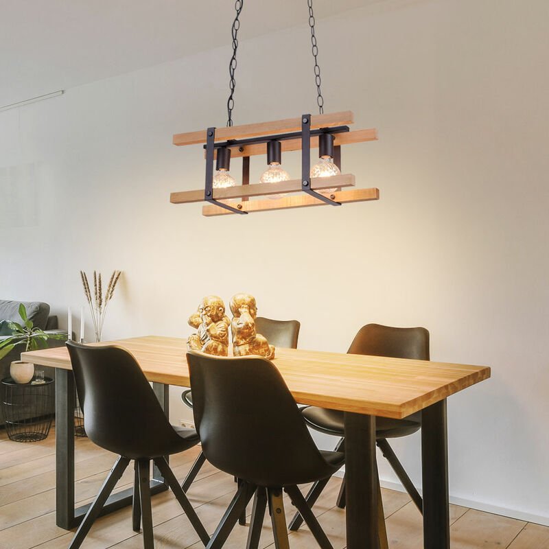 Hängeleuchte Pendellampe Holzleuchte Esstischlampe, 3-flammig, Holz Metall Kette schwarz, 3x E27 Fassung, LxBxH 58x23,5x...