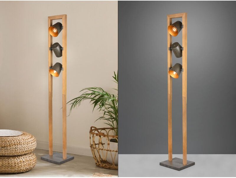 Trio - Stehleuchte bell 3-flammig Silber antik mit Holz im Industrial Style, Höhe:150cm