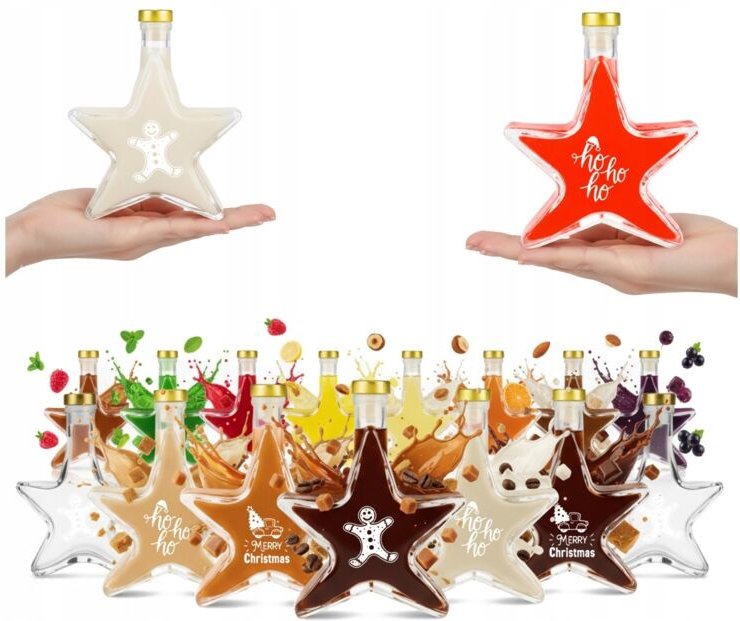20x Weihnachtsstern-Glasflaschen 200ml mit Aufdruck für Liköre