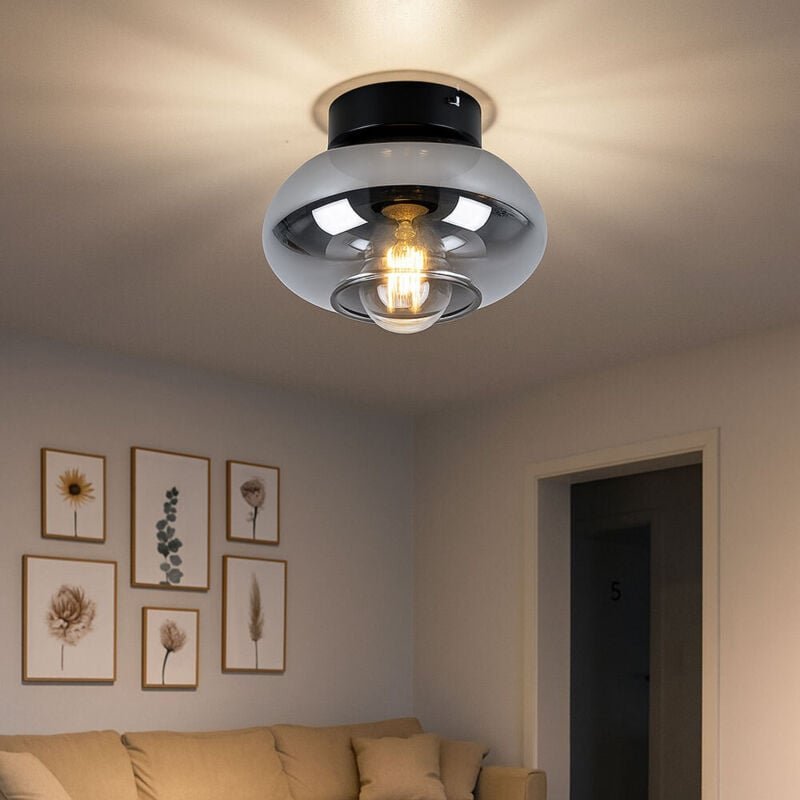 Deckenlampe Rauchglas Deckenleuchte Glas Rauchglas Deckenleuchte Vintage, Retrodesign Wohnzimmer, Metall schwarz, 1x led...